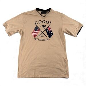 Coogi T-Shirt Mens XL Tan American Australian Flag Embroidered Short Sleeve